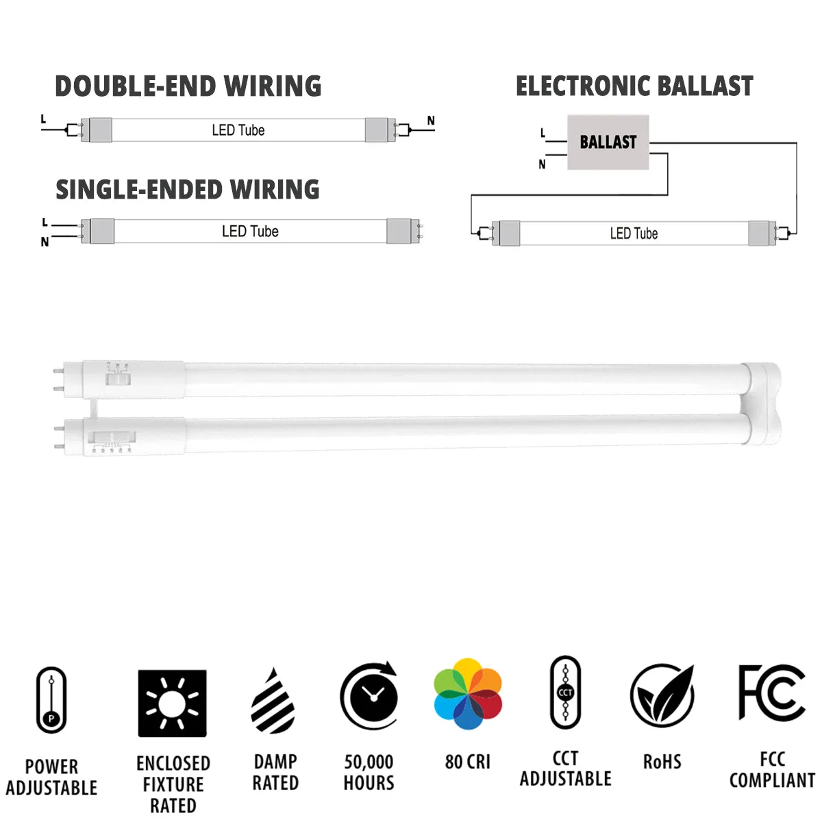 12 Pack - T8 U Bend LED Bulb U1, 12W|13W|15W, 2200lm, 3000K to 6000K, Type A B, Single|Dual End