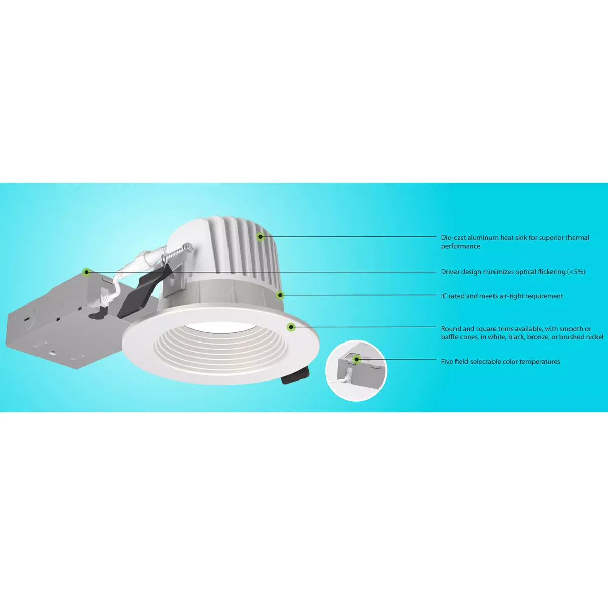 4 Inch HALED Canless Recessed Downlight, 12 Watts, 1100 Lumens, Selectable 2700K to 5000K