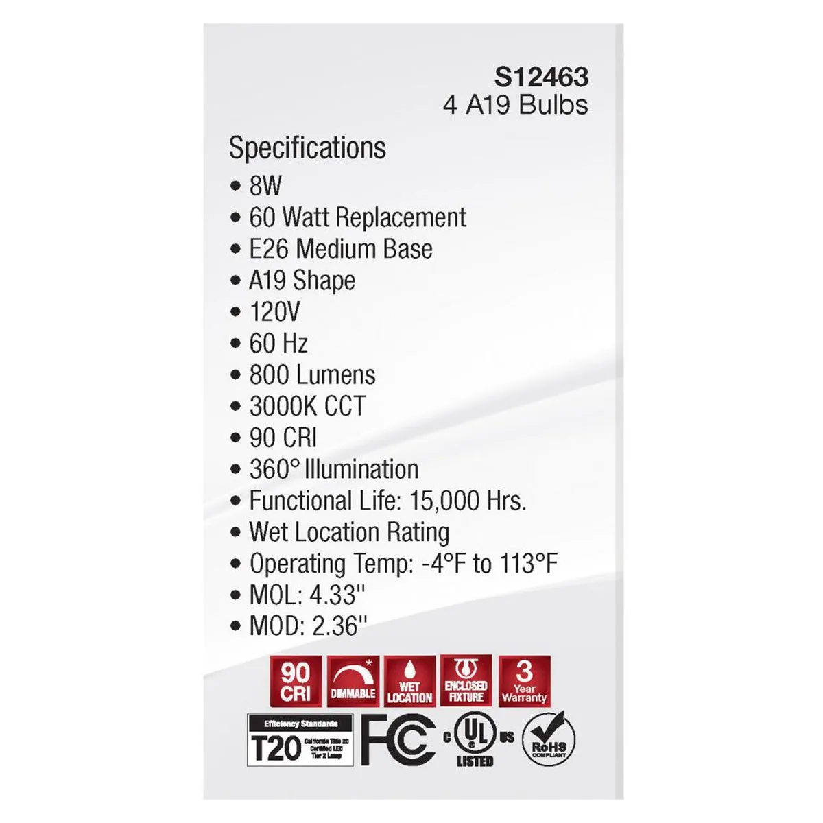 4 Pack - A19 LED Filament Bulb, 8 Watts, 800 Lumens, 3000K, E26 Medium Base, Clear Finish