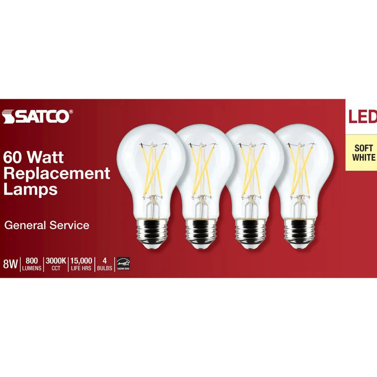 4 Pack - A19 LED Filament Bulb, 8 Watts, 800 Lumens, 3000K, E26 Medium Base, Clear Finish