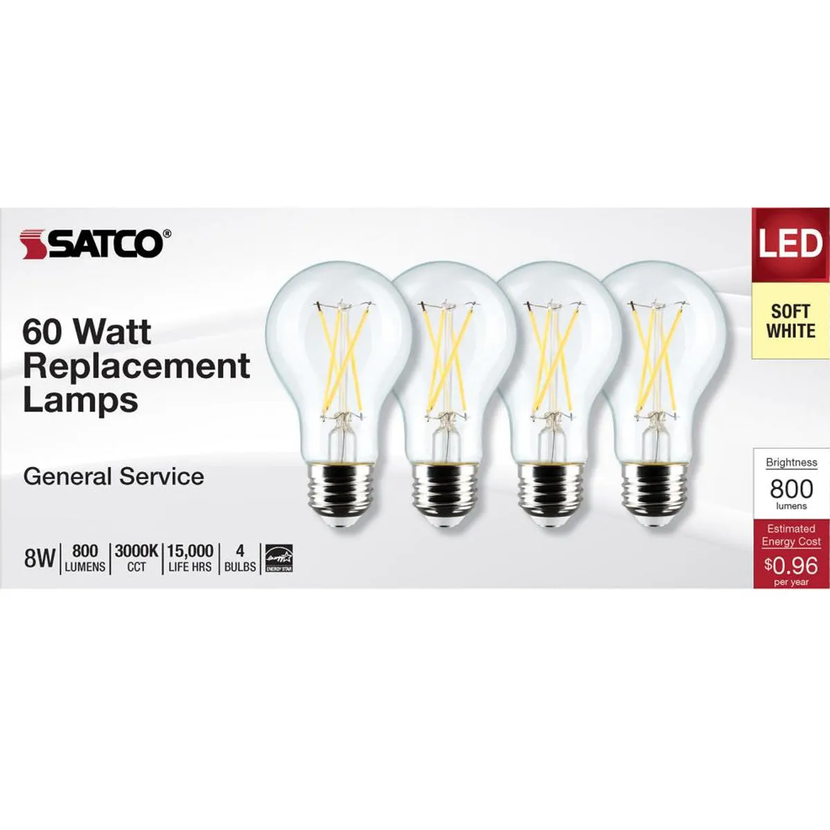 4 Pack - A19 LED Filament Bulb, 8 Watts, 800 Lumens, 3000K, E26 Medium Base, Clear Finish