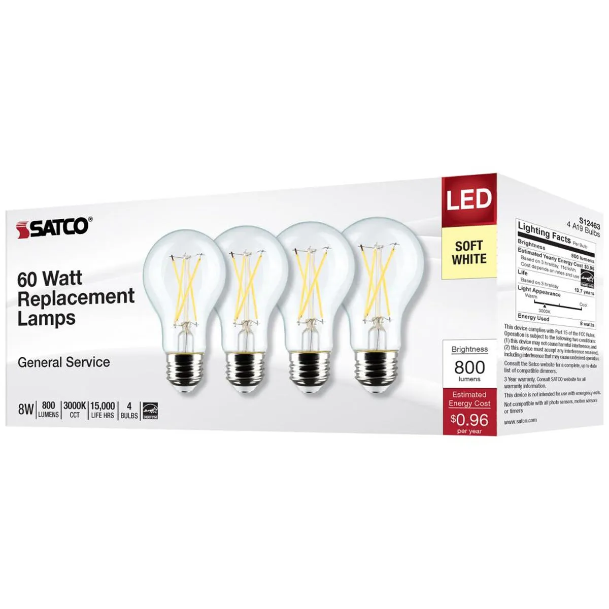 4 Pack - A19 LED Filament Bulb, 8 Watts, 800 Lumens, 3000K, E26 Medium Base, Clear Finish