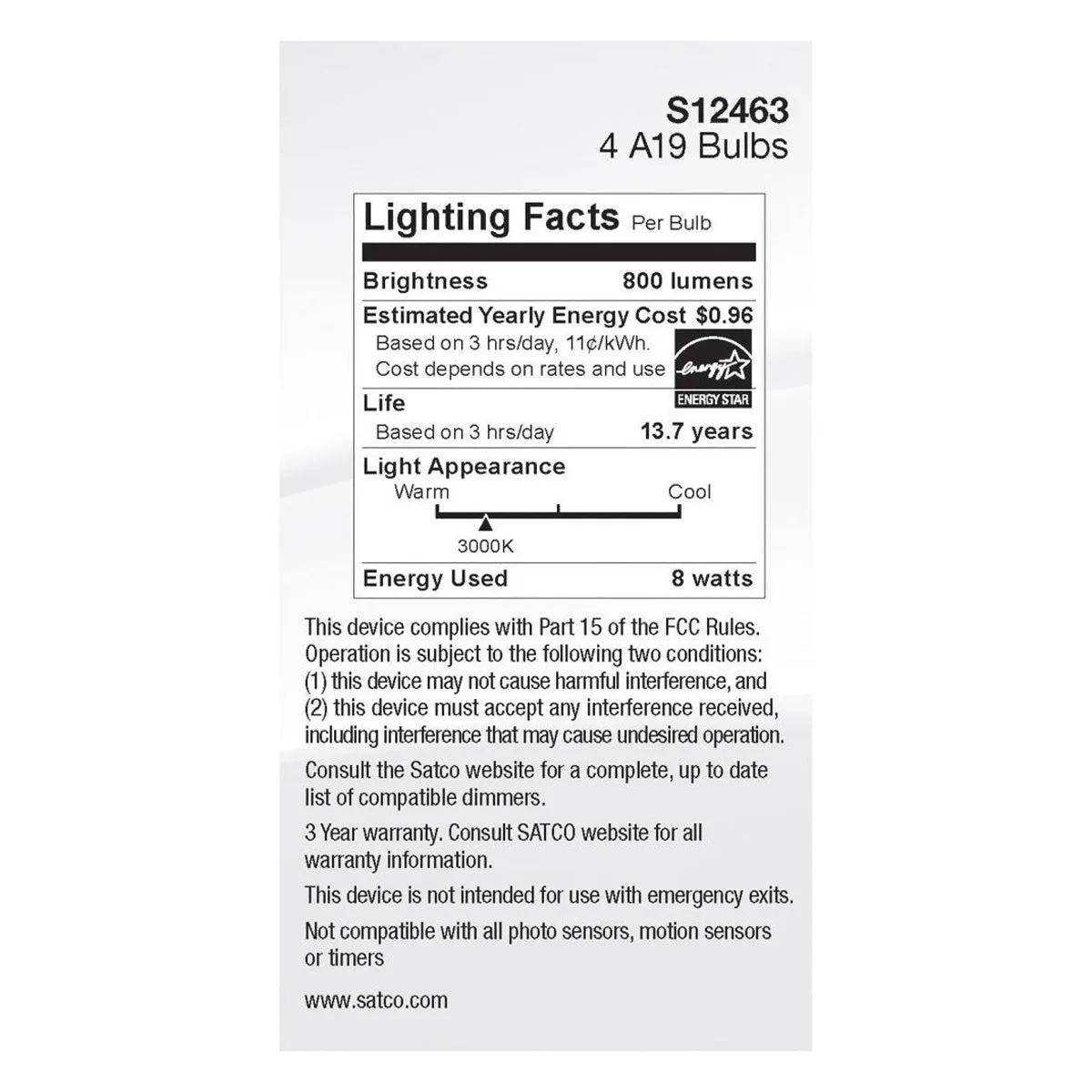 4 Pack - A19 LED Filament Bulb, 8 Watts, 800 Lumens, 3000K, E26 Medium Base, Clear Finish
