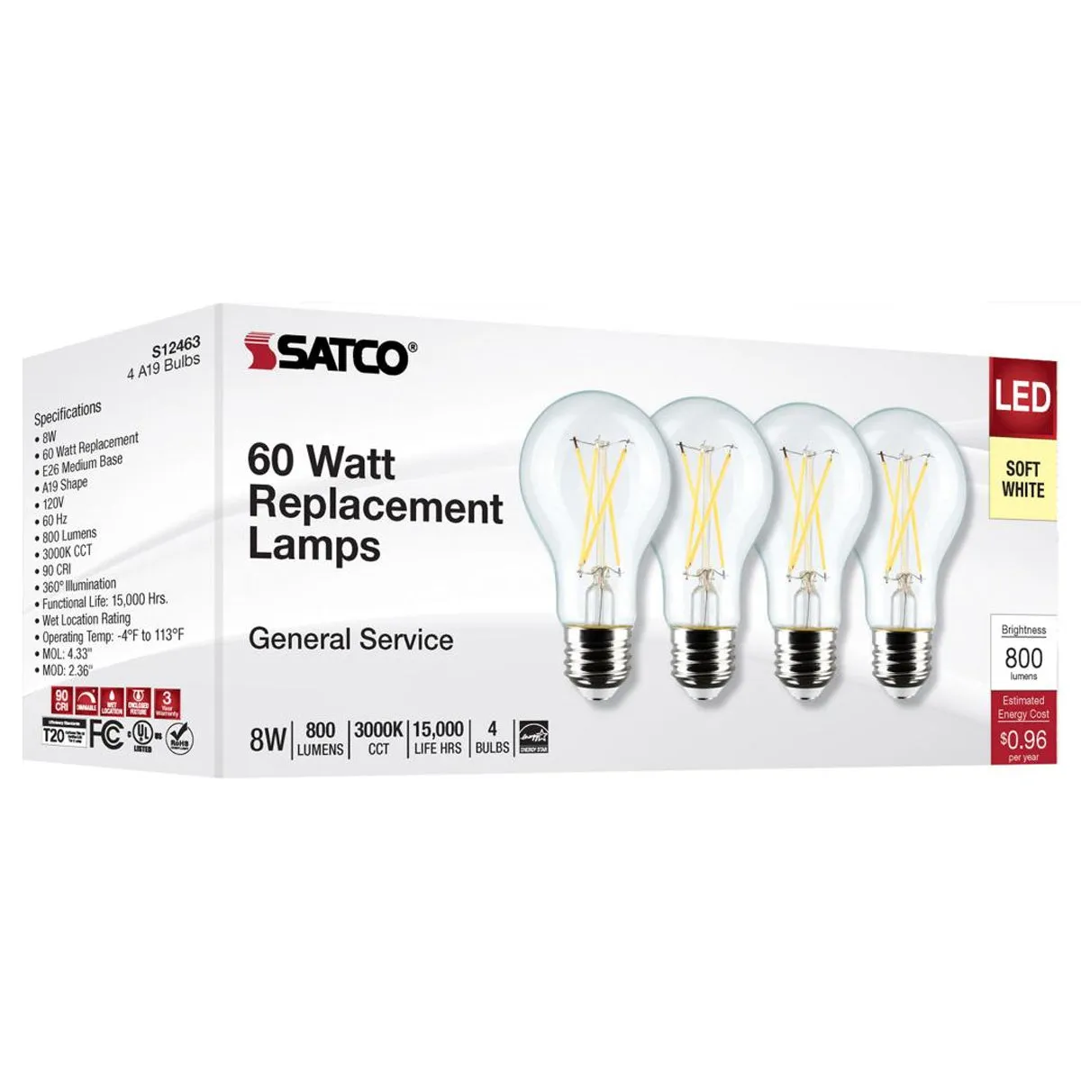 4 Pack - A19 LED Filament Bulb, 8 Watts, 800 Lumens, 3000K, E26 Medium Base, Clear Finish