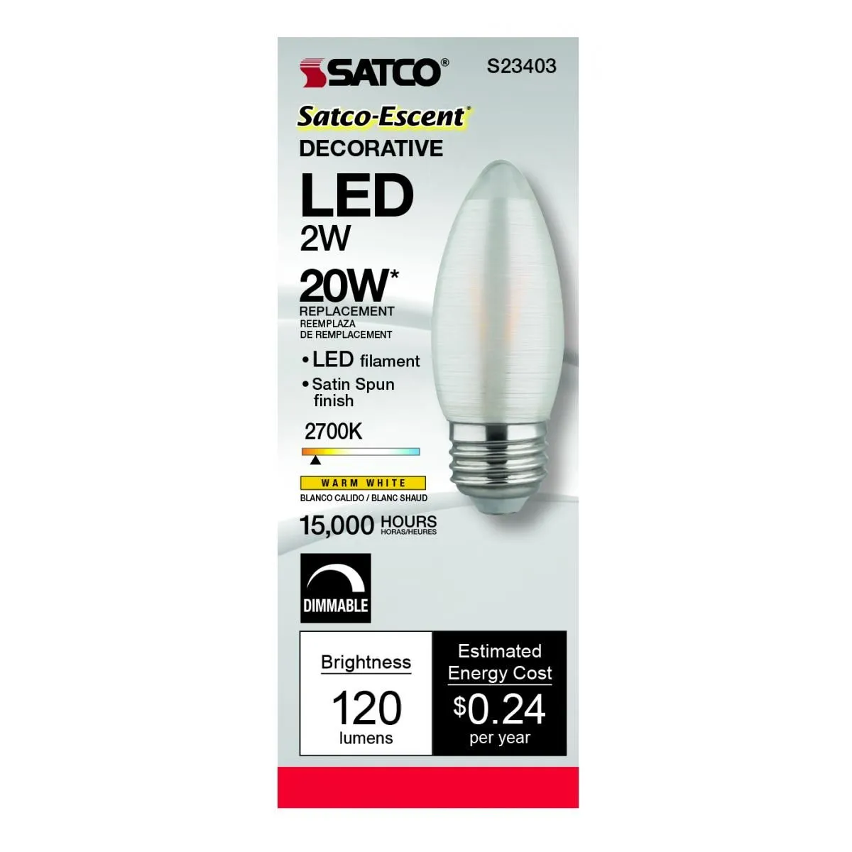 C11 LED Filament Bulb, 2 Watts, 120 Lumens, 2700K, E26 Medium Base, Satin Spun Finish