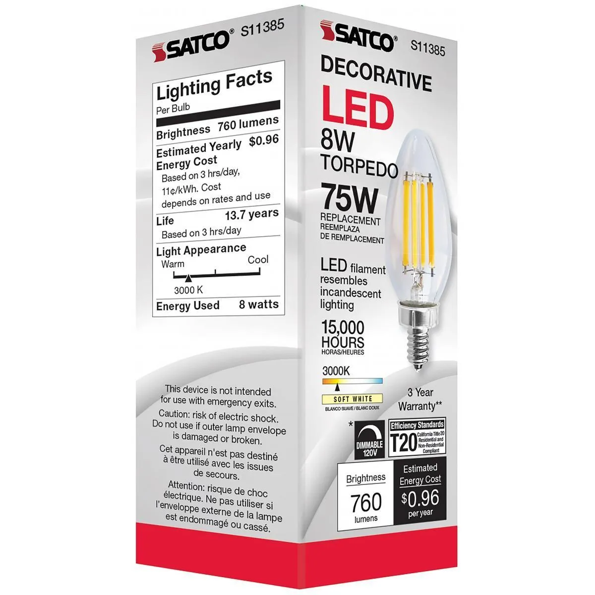 C11 LED Filament Bulb, 8 Watts, 760 Lumens, 3000K, E12 Candelabra Base, Clear Finish