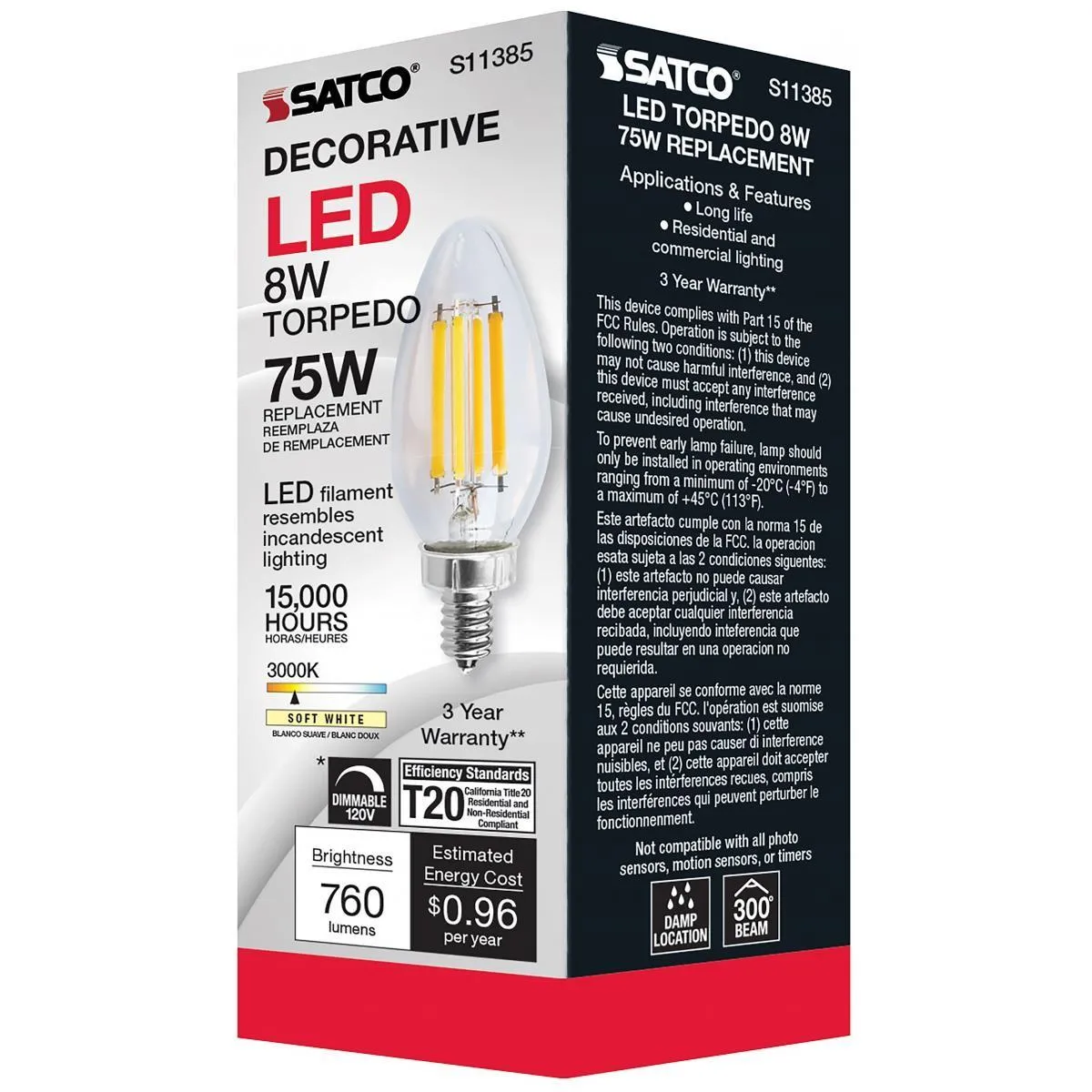 C11 LED Filament Bulb, 8 Watts, 760 Lumens, 3000K, E12 Candelabra Base, Clear Finish