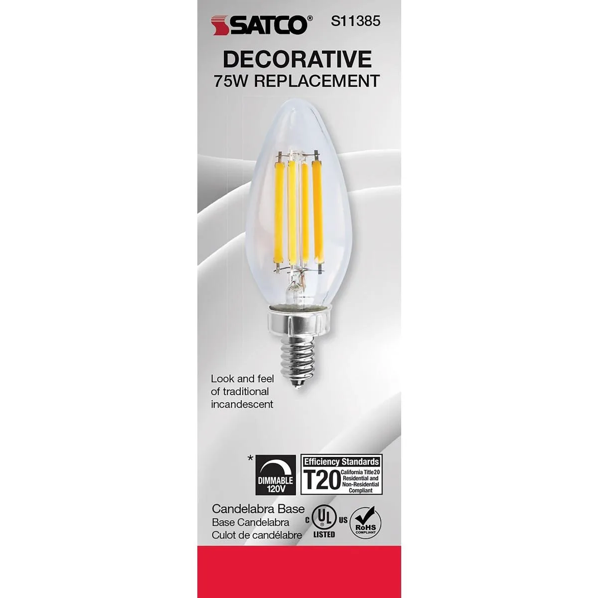 C11 LED Filament Bulb, 8 Watts, 760 Lumens, 3000K, E12 Candelabra Base, Clear Finish