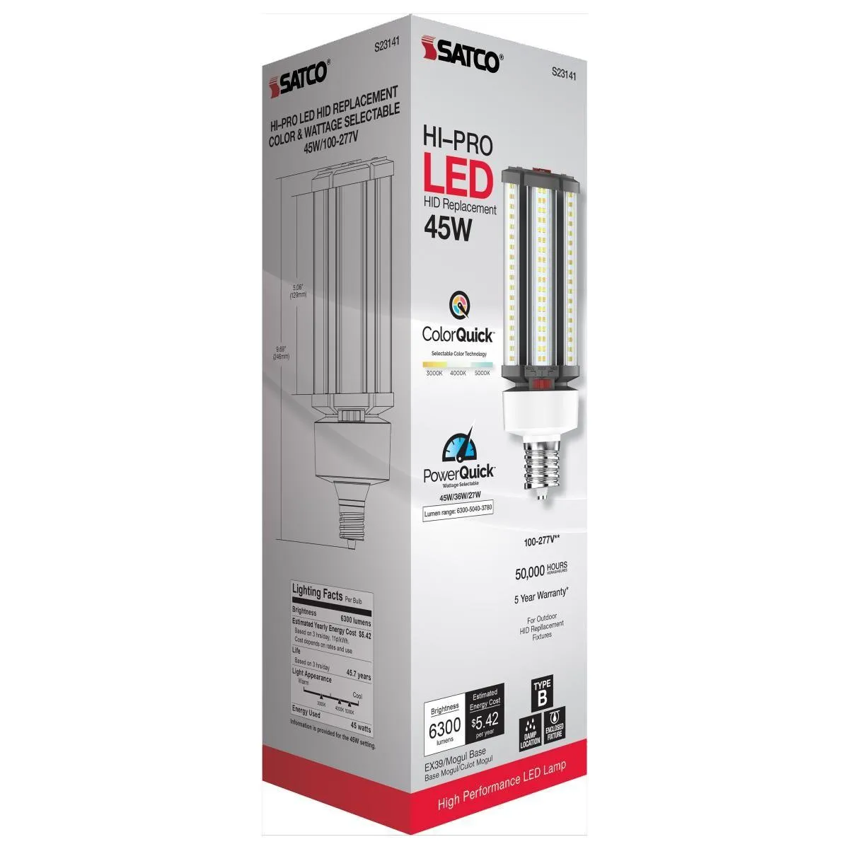 Hi-Pro Retrofit LED Corn Bulb, 27W|36W|45W, 6300lm, 30K|40K|50K, EX39 Mogul, 120-277V