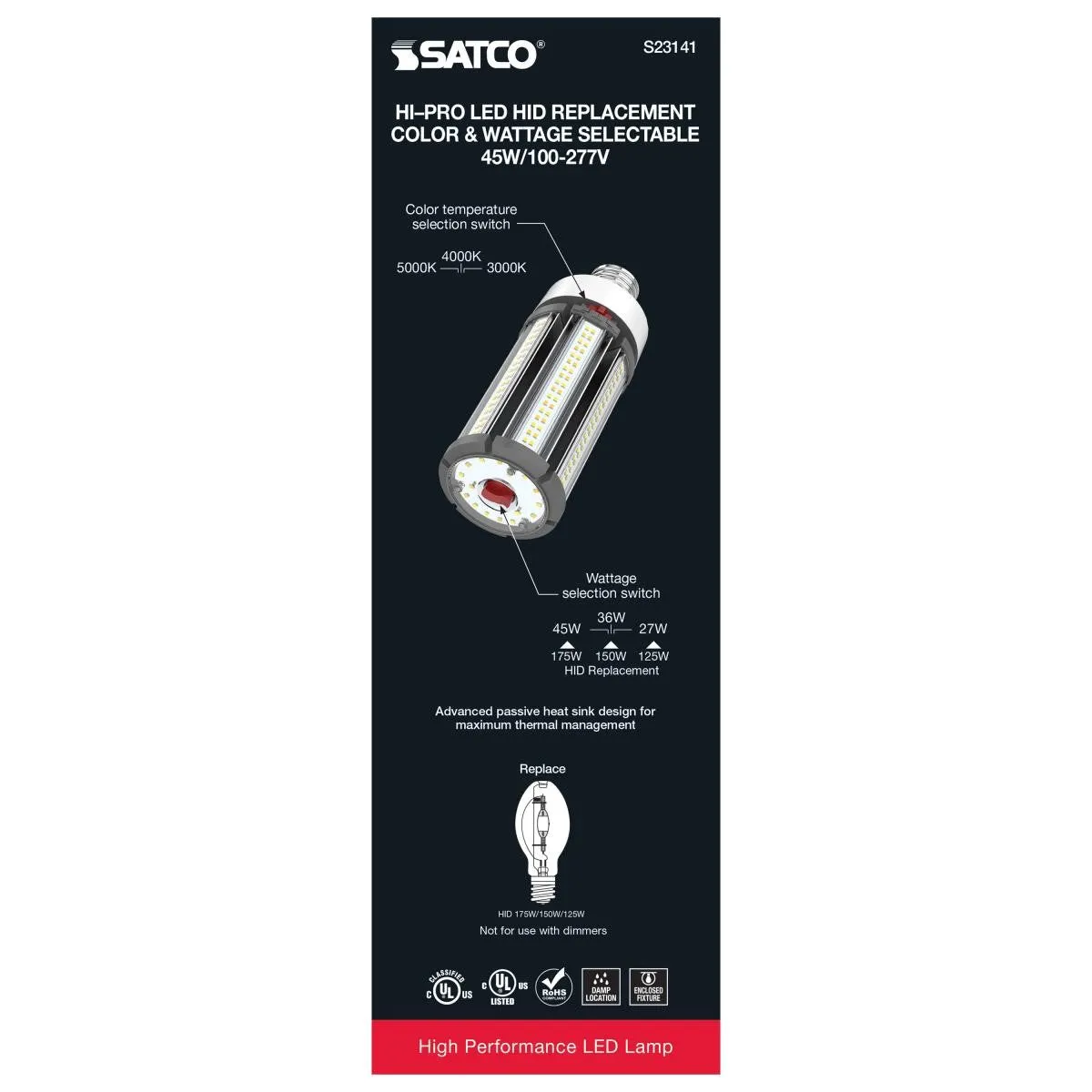 Hi-Pro Retrofit LED Corn Bulb, 27W|36W|45W, 6300lm, 30K|40K|50K, EX39 Mogul, 120-277V