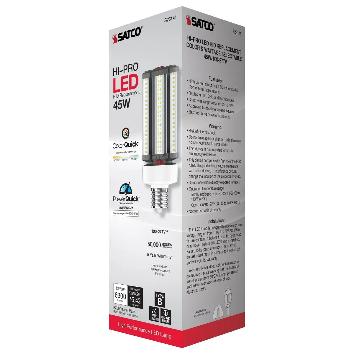 Hi-Pro Retrofit LED Corn Bulb, 27W|36W|45W, 6300lm, 30K|40K|50K, EX39 Mogul, 120-277V