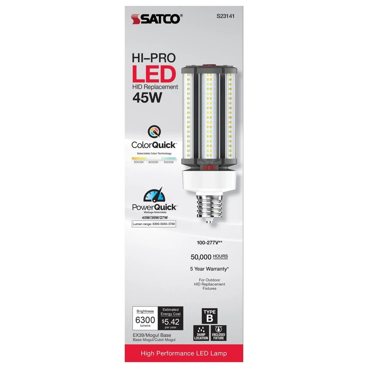 Hi-Pro Retrofit LED Corn Bulb, 27W|36W|45W, 6300lm, 30K|40K|50K, EX39 Mogul, 120-277V