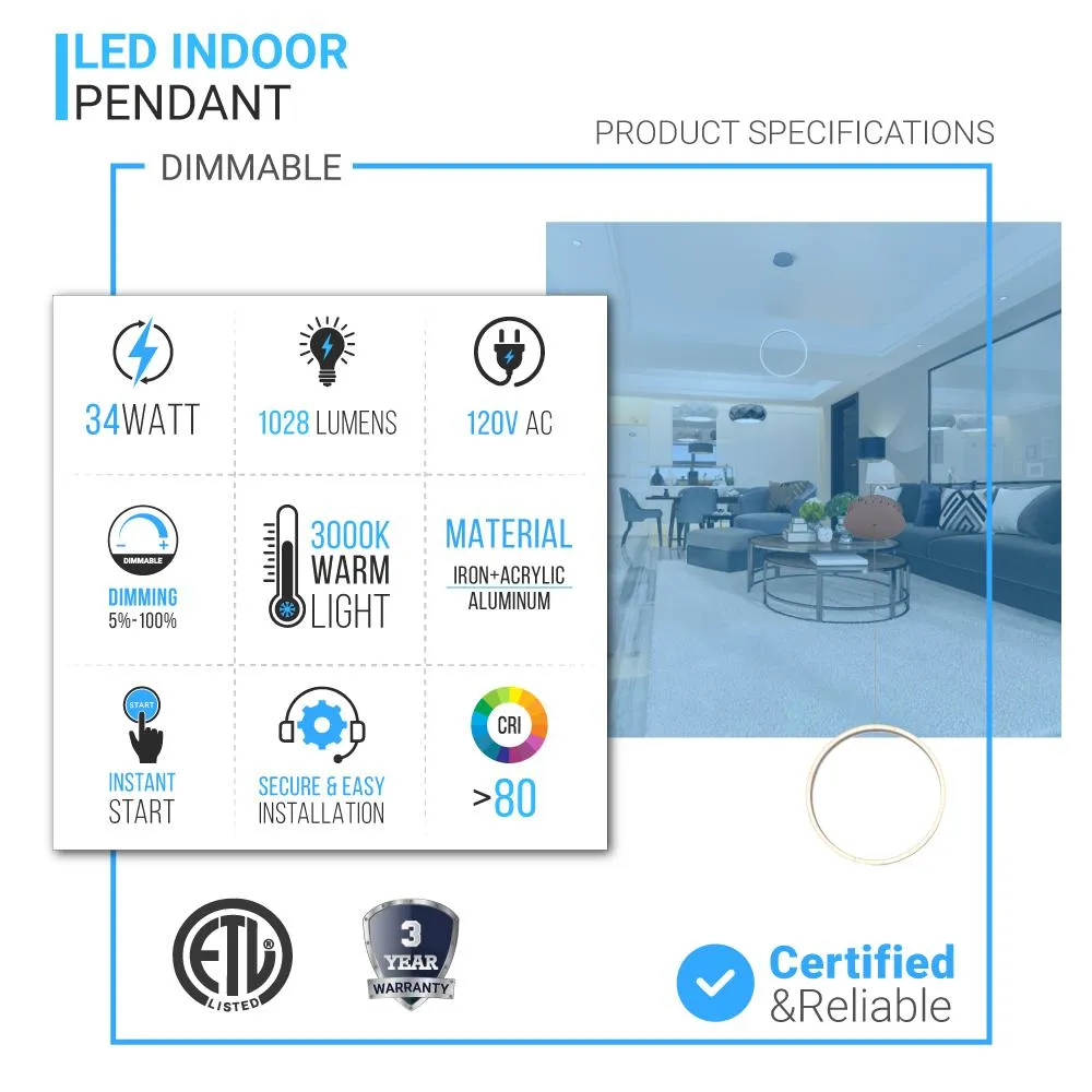 LED Pendant Light Fixture, Dimmable, 3000K (Warm White), Aluminum (P2192-40)