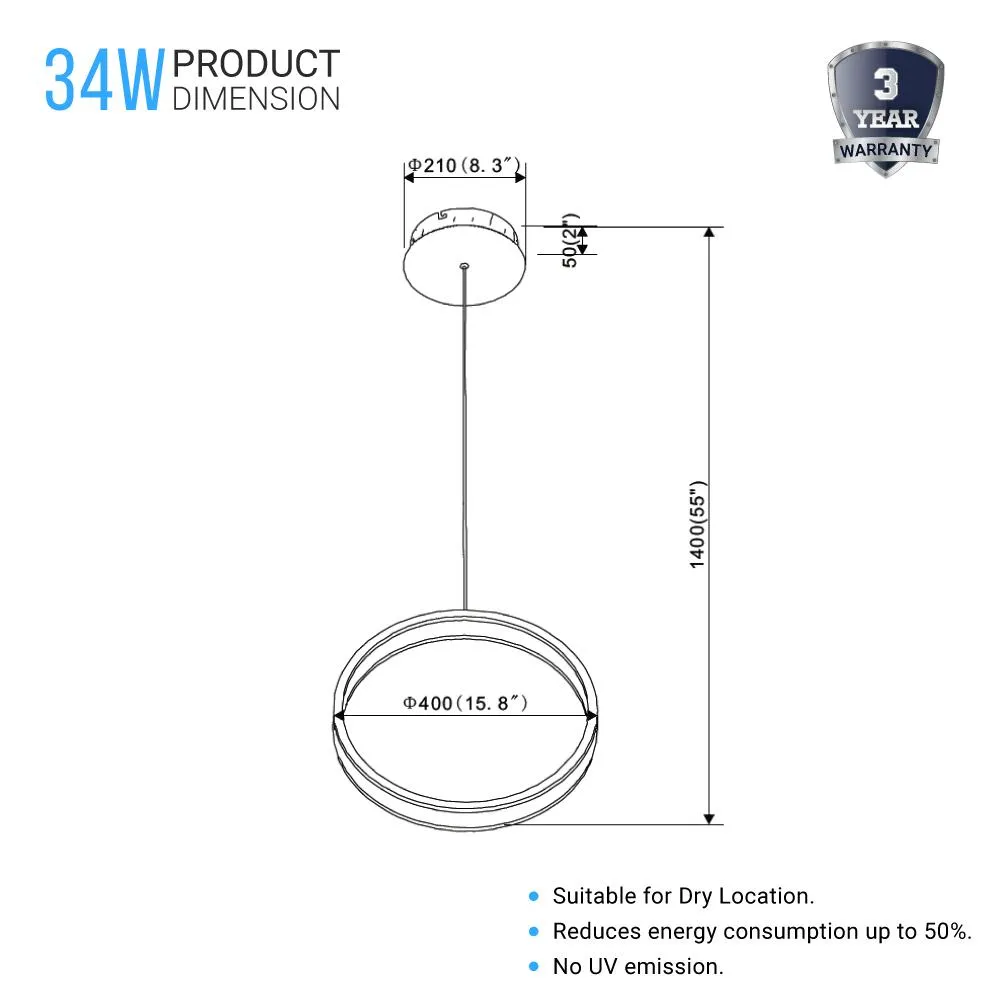 LED Pendant Light Fixture, Dimmable, 3000K (Warm White), Aluminum (P2192-40)